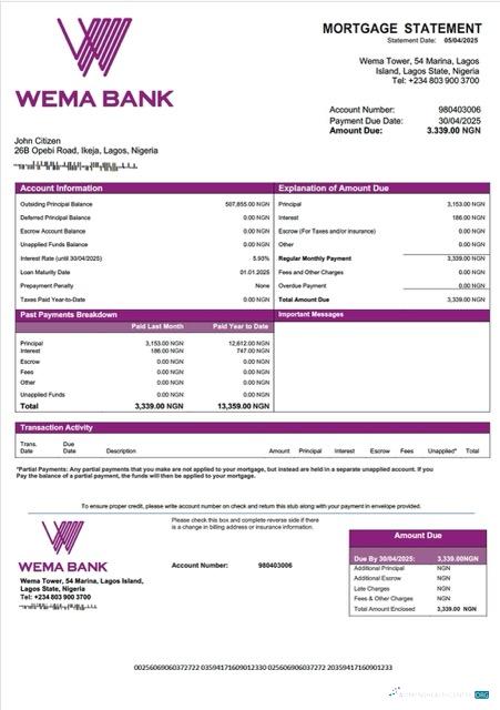 Download Nigeria Wema Bank mortgage statement Word and PDF template Photoshop template